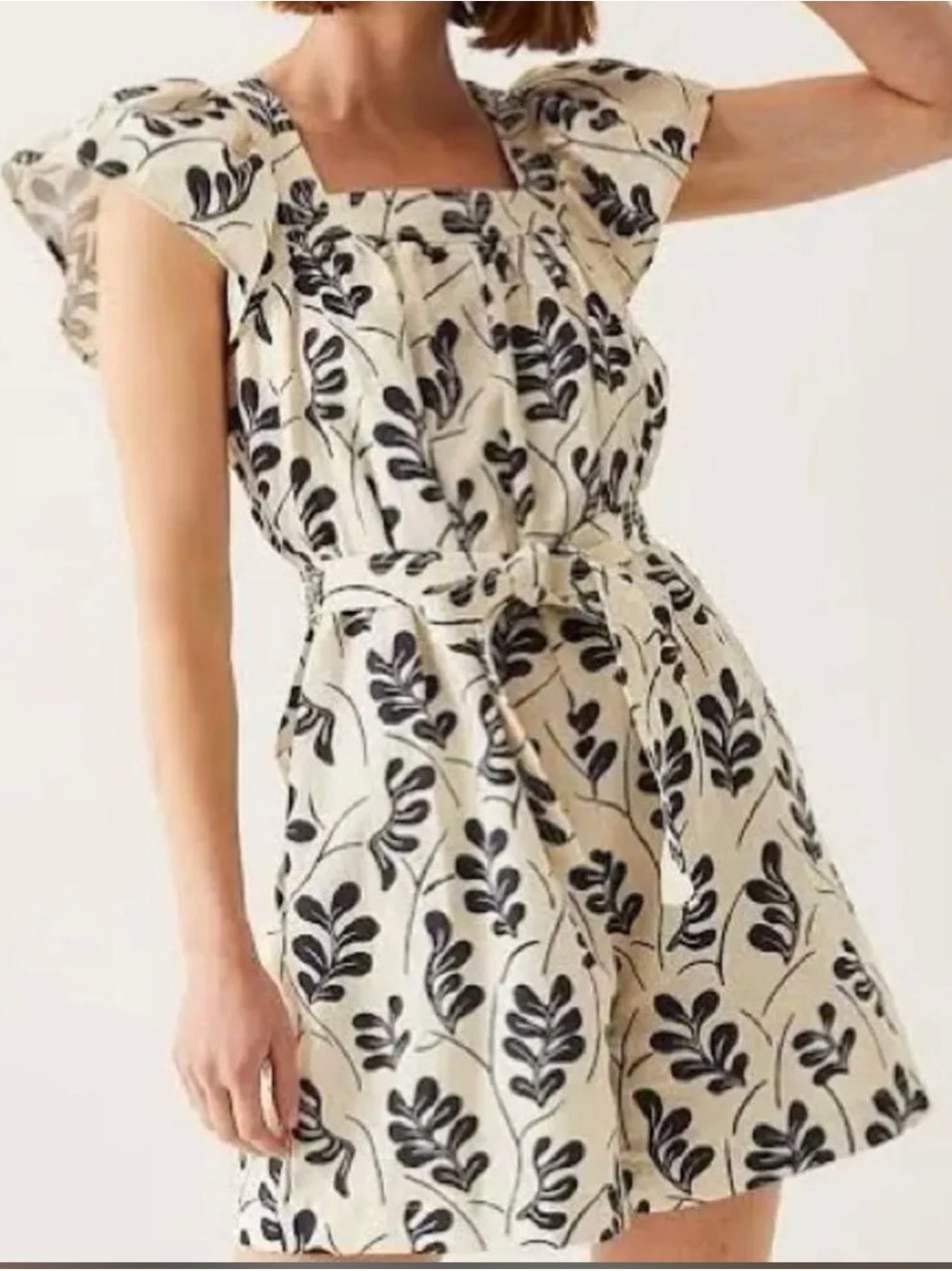 Cream Floral Square-Neck Romper with navy Print